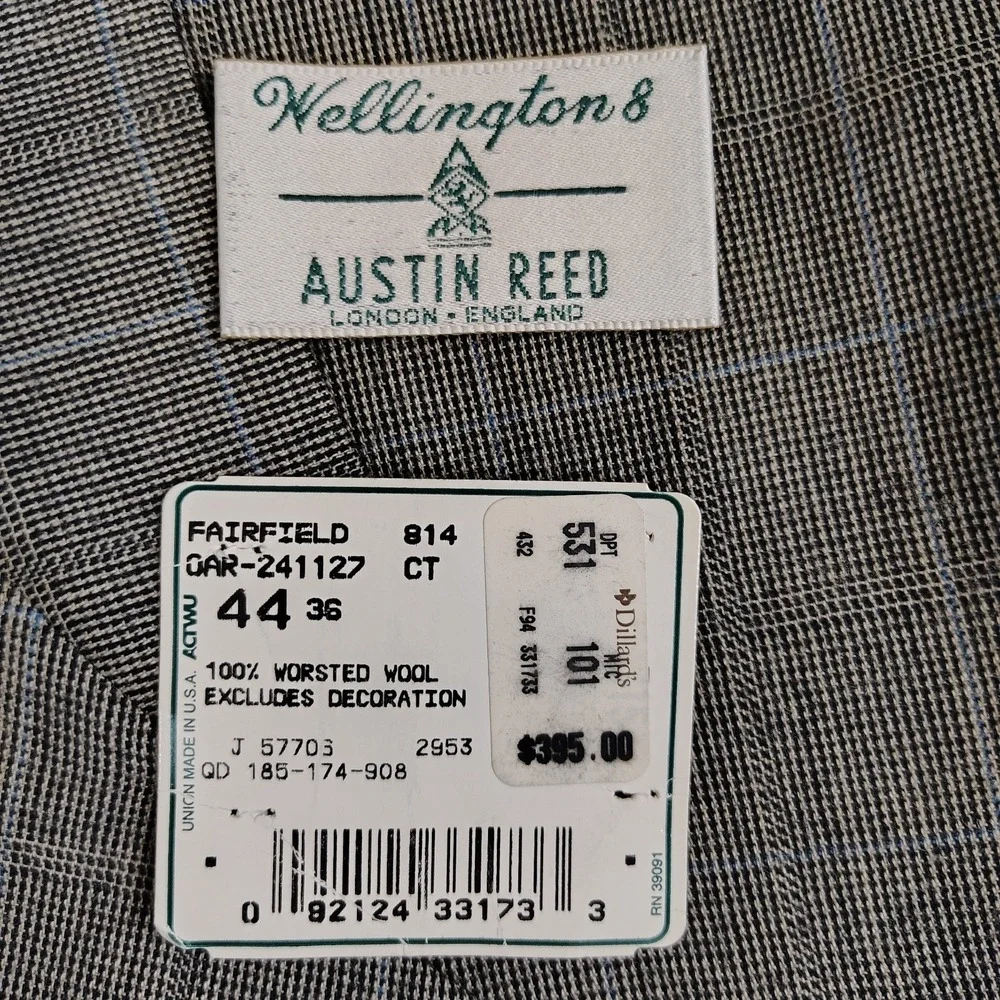 Austin Reed Gray Windowpane Plaid Sport Coat Blazer‎ 44R Worsted Wool Neutral